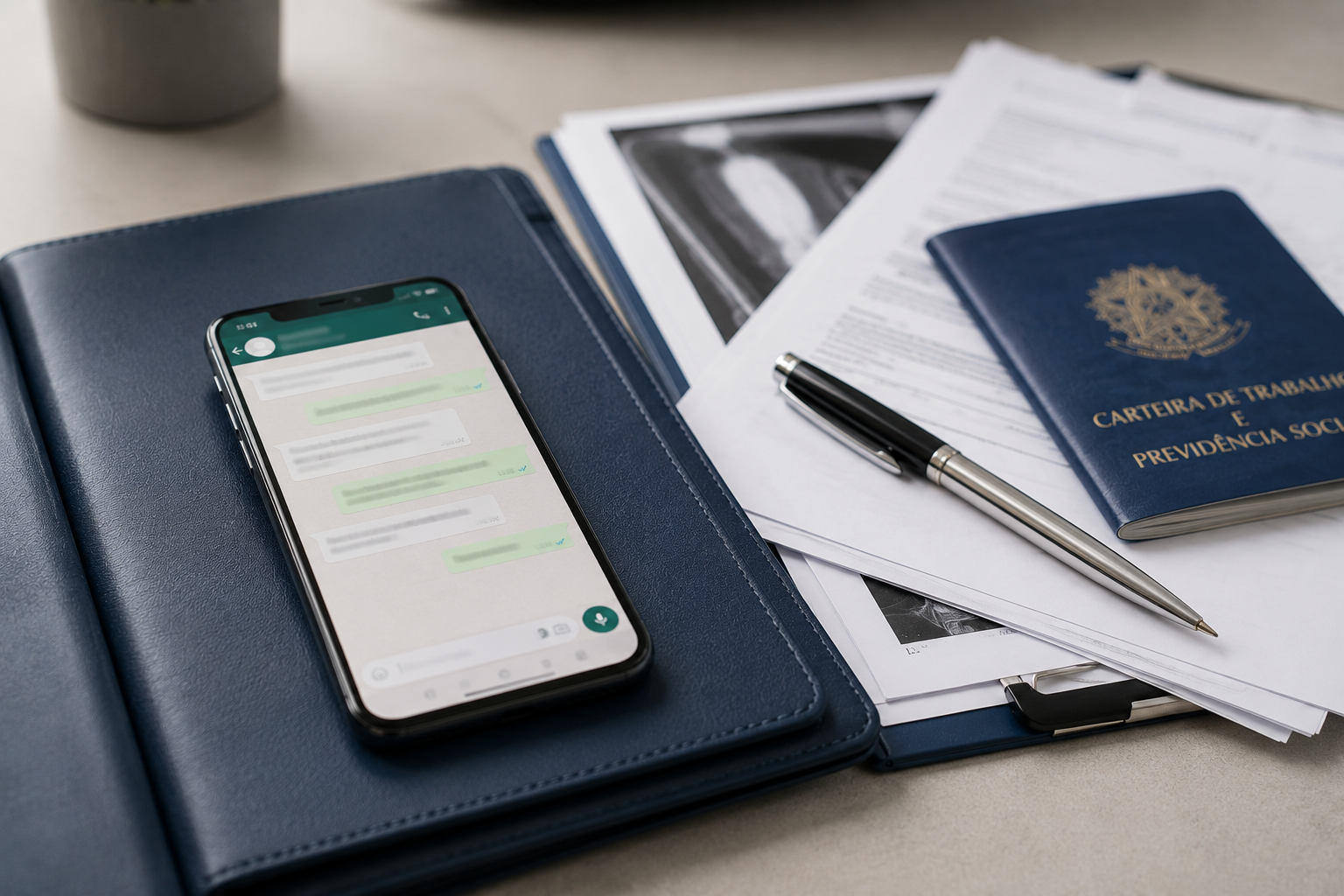 Celular com conversa de WhatsApp desfocada ao lado de documentos previdenciários